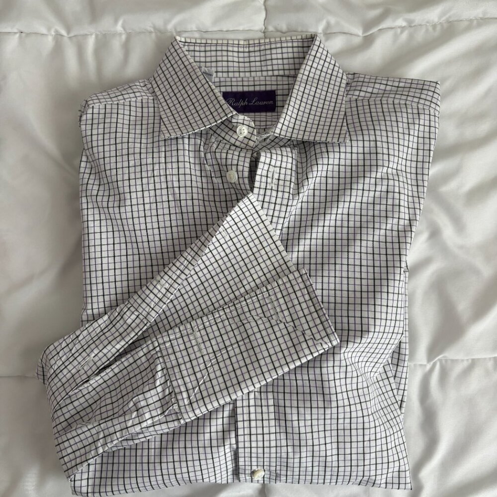 Ralph Lauren Purple Label Italy Cotton Grid Check Button Down Dress Shirt Sz 16
